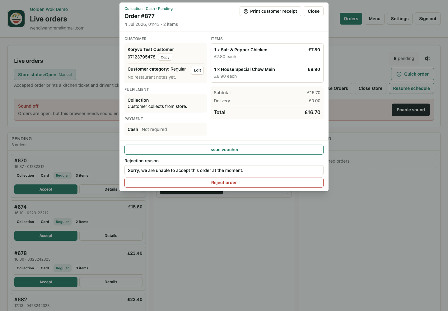 Order details stay readable in Uorderly restaurant admin