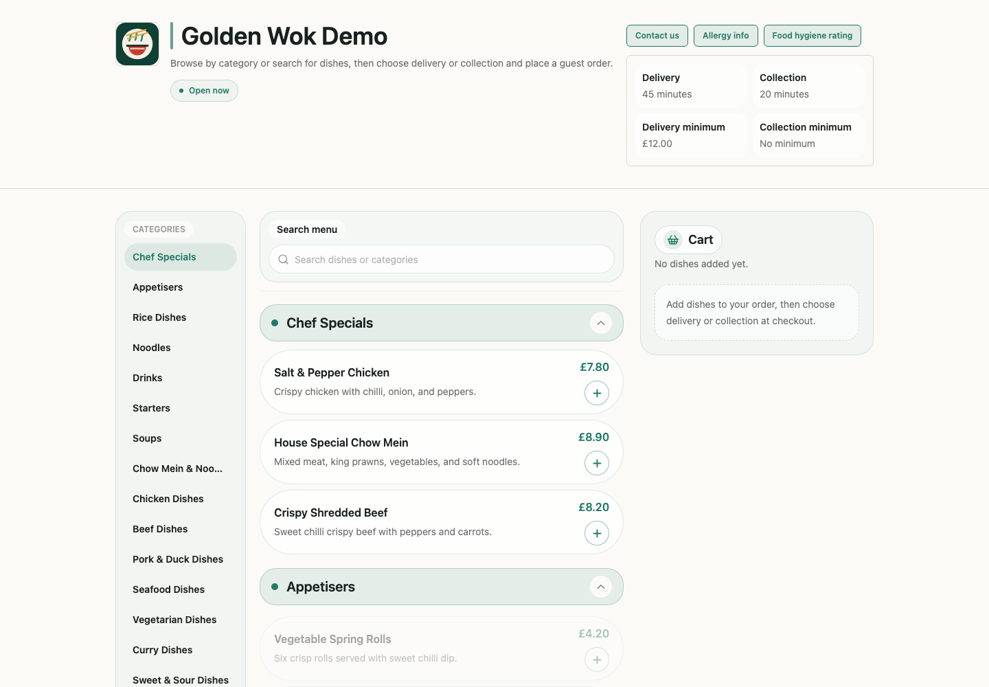 Uorderly customer ordering page for a restaurant menu