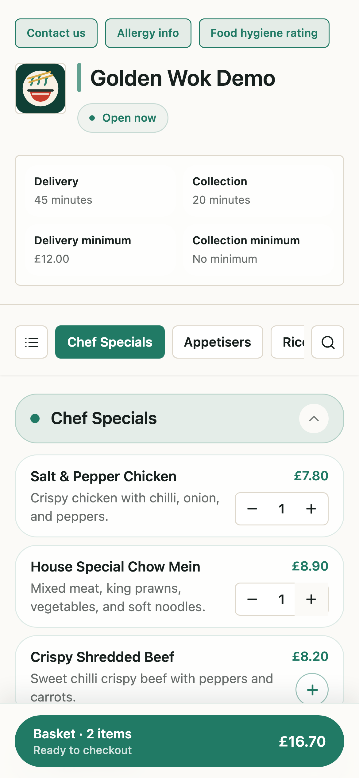 Browse and add dishes in the Uorderly mobile ordering flow